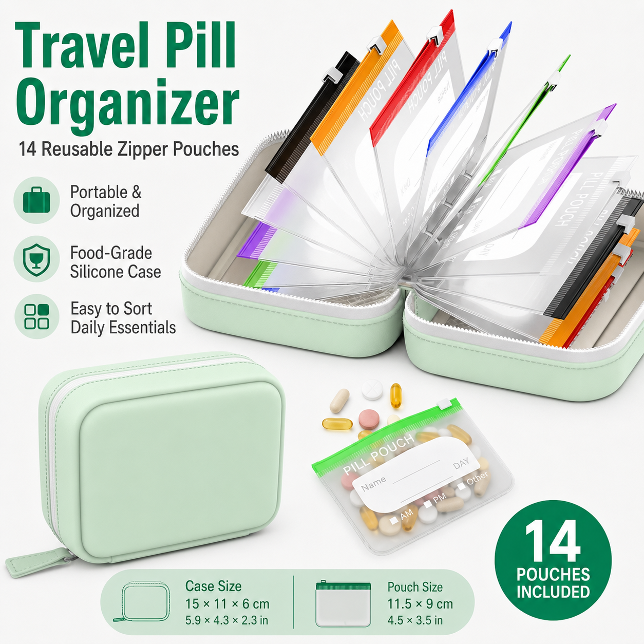 Food Storage Silicone Bags - Travel Pill Organizer with 14 Reusable