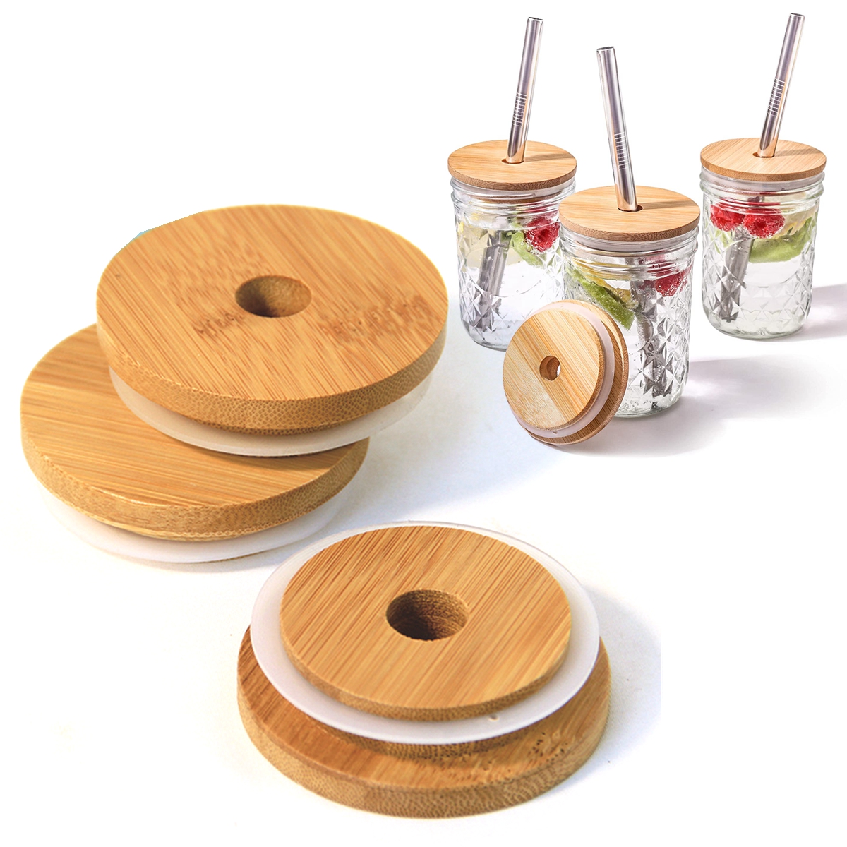 Mason Jar Wide Mouth - 62/68/70/86mm Reusable Bamboo Wood Lids for