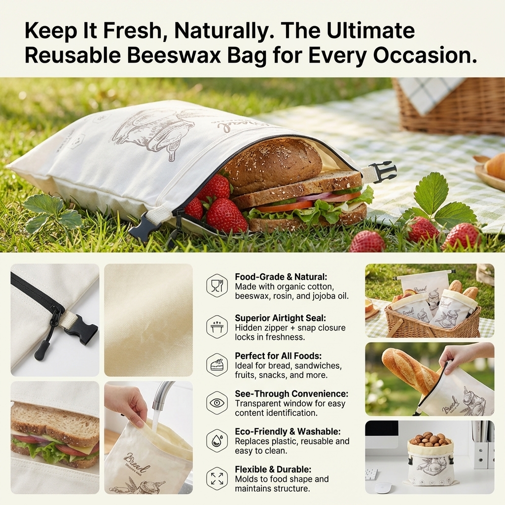 Reusable Beeswax Bread Bag wit - مراجعة Food Storage Zipper وسعره